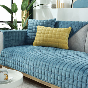 蓝色现代简约毛绒沙发垫布艺真皮防滑沙发套飘窗垫高档加厚沙发罩