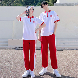 夏季中国休闲运动套装男女款短袖印花T恤长裤两件套学生班服演出