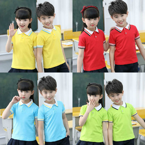幼儿园园服夏装纯棉红黄蓝绿色短袖T恤小学生校服班服儿童合唱服