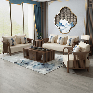 新中式禅意客厅实木沙发组合白蜡木现代中式家具木架布艺中国风椅