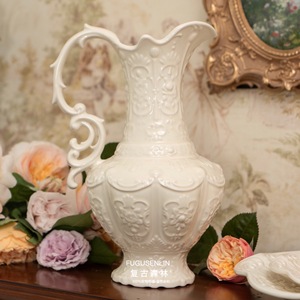 复古森林法式典雅浮雕陶瓷奶壶花瓶摆件干鲜插花水培花器家居装饰