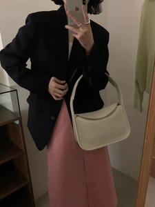 WANG二号店韩国设计师款小个子西装中长款外套搭配开衩粉色半裙春