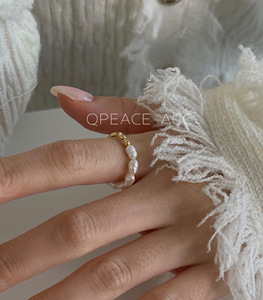 韩国饰品 整体925银 波纹拼淡水珍珠戒指 三种戴法