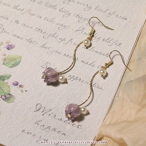 南小姐手作原创《藤蔓》紫色琉璃花朵曲线长款显脸瘦复古珍珠耳环