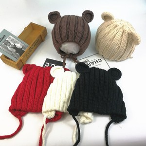 手工猫耳朵宝宝毛线帽子秋冬季男女婴幼儿童护脸帽可爱保暖护耳帽