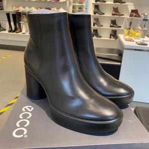 ECCO爱步新款女靴子代购秋冬牛皮高跟粗跟防水台正装女短靴207713