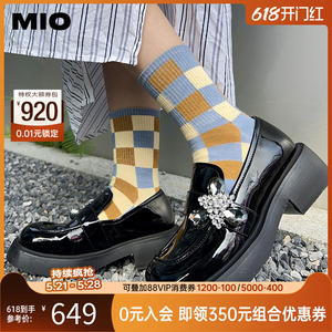MIO米奥女鞋真皮设计感单鞋水晶花豆豆鞋漆皮方跟乐福鞋小皮鞋
