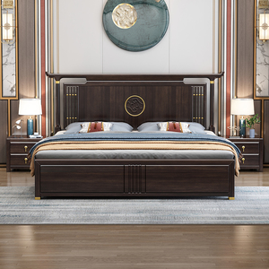 新中式实木床1.8米主卧室轻奢双人大床现代简约别墅高箱储物婚床