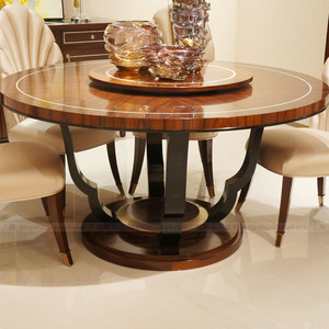 新中式木皮拼花餐桌 轻奢家用实木圆桌1桌6椅组合 带转盘六人餐台