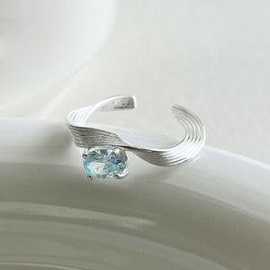 彩虹美人 925纯银蓝色锆石波浪戒指女几何个性小众开口设计食指环