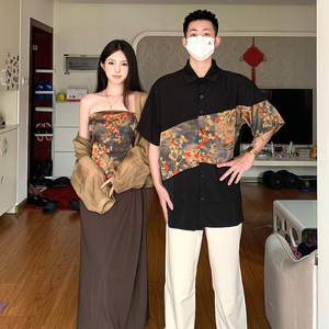 新中式情侣装夏装设计感短袖衬衫女改良版复古汉服旗袍连衣裙套装