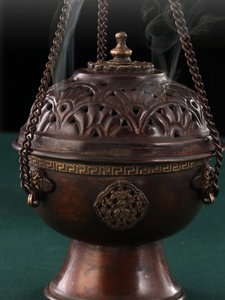 尼泊尔紫铜手工复古雕花吊挂盘香炉香炉紫铜悬挂式铜制薰香炉圆炉