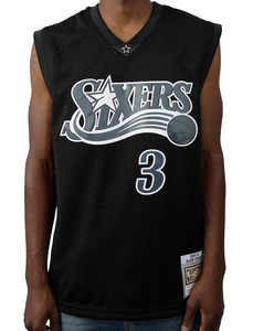 酱狗只卖正品 MITCHELL NESS 76ERS 拼接泼墨费城艾弗森 SW篮球衣