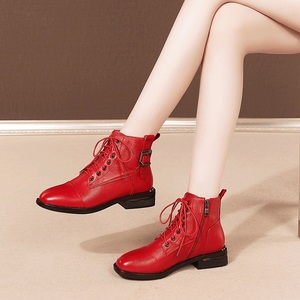 红色短靴女真皮2023秋冬季新款女鞋平底系带单靴子加绒短筒马丁靴