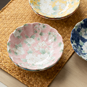 日本进口美浓烧木槿花盘子日式餐具碗盘家用7寸菜盘釉下彩汤盘