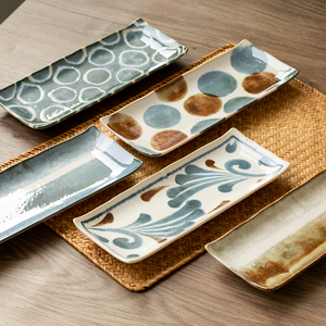 日本进口美浓烧冲绳花手绘陶瓷长方盘子复古日式寿司盘甜品碟鱼盘
