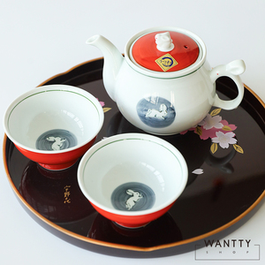 现货 日本制有田烧 复古红釉兔子茶壶茶杯茶碗兔子盖柄茶具套装礼