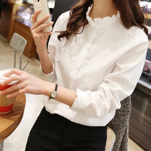 2018新款韩版春季女装白色荷叶边立领长袖职业衬衫女式宽松上衣服
