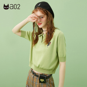a02夏季甜美卡通图案刺绣针织衫2021新款韩版时尚短袖女式polo衫