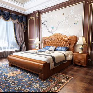 欧式实木橡木床1.8米主卧双人床2米胡桃海棠色储物美式加厚老人床