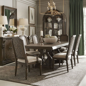 美式实木餐桌组合黑胡桃色法式复古雕花餐台饭桌ART建筑复兴家具
