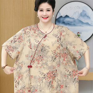 中老年夏季新中式国风雪纺短袖t恤女200斤妈妈遮肚体恤半袖上衣服