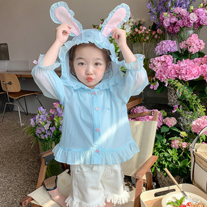 女儿童夏季可爱兔耳朵连帽防晒抗紫外线外套2024新款轻薄上衣卡通