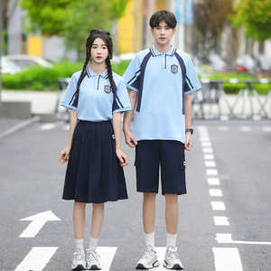 班服韩版学院风初中生蓝色短袖t恤校服套装小学六年级毕业照服装