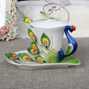 创意欧式咖啡具套装家用英式骨瓷 红茶杯陶瓷杯碟勺 珐琅瓷孔雀杯