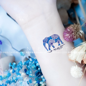 neeio纹身贴蓝色小象 梵文万事皆有因果大象手腕迷你小图案防水女