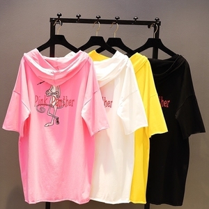 夏季新款韩版宽松中长款粉红豹印花T恤女不规则卡通连帽蝙蝠衫棉