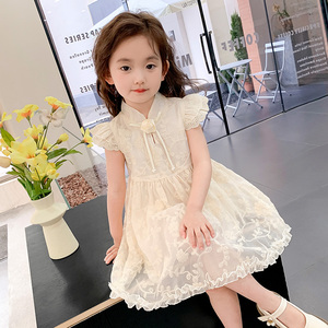 女童蕾丝旗袍连衣裙2024年夏季小女孩提花新中式盘扣公主白色纱裙