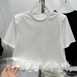 实拍纯色立体花瓣拼接白色短袖T恤女夏设计感减龄体恤衫百搭上衣