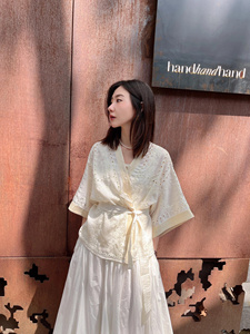 V领中国风新中式薄系带上衣绣花从昕刺绣开衫米白色和服式外套女