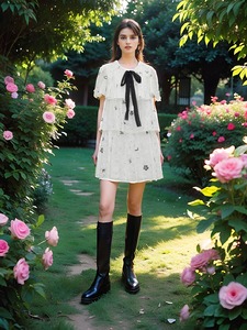 荷叶边蛋糕裙白色连衣裙2024年夏季新短袖黑色蝴蝶结领结字母装饰