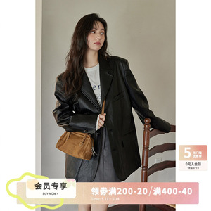 【85折】夕蒙春秋黑色美式复古中长款小个子设计感小众皮衣外套女