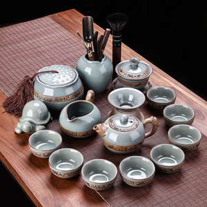 领艺醒龙哥窑茶具套装家用功夫茶杯陶瓷冰裂盖碗泡茶壶简约茶碗