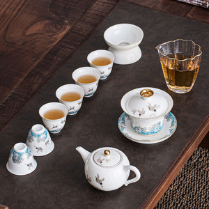 领艺德化羊脂玉白瓷茶具套装仙鹤三才盖碗泡茶壶茶杯整套陶瓷家用