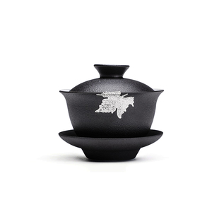 领艺黑陶盖碗家用简约泡茶三才碗镶嵌纯锡枫叶功夫茶具单个大号