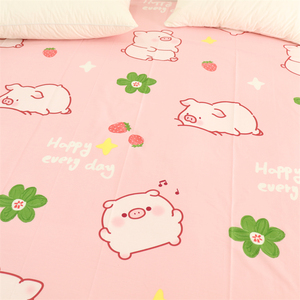 开心小猪 粉色卡通纯棉床单单件 可爱儿童斜纹精梳全棉床笠可定制