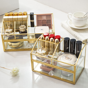 欧式黄铜玻璃化妆品收纳盒护肤品香水口红粉饼置物架首饰品整理盒