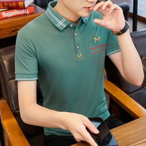夏天男士短袖T恤丅韩版纯色半袖衬衫领POLO衫带领有领纯棉上衣服