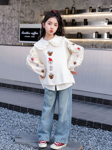小敏家 女童秋冬高品质重工刺绣韩系娃娃款马甲衬衫两件套A481