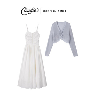 CANDIES 米白色吊带连衣裙女夏季新款配防晒针织开衫上衣两件套