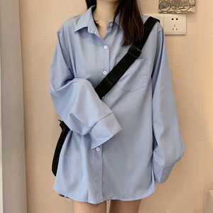 蓝色衬衫女春秋季韩版宽松别致设计感小众中长款垂感衬衣长袖上衣