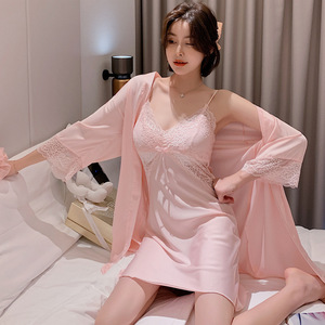 DGVV真丝睡衣女士唯美韩版性感吊带睡裙睡袍带胸垫两件家居服套装