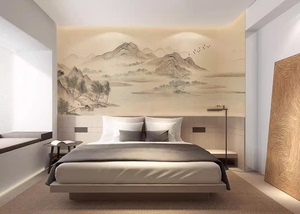 新中式山水墨画电视背景墙壁纸书房抽象意境背景墙纸壁画3d无纺布