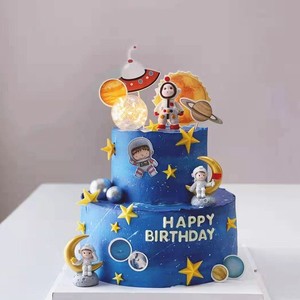 烘焙蛋糕装饰发光星球飞船宇航员玩偶摆件太空主题夜灯派对装扮