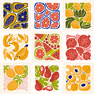 1122抽象可爱手绘水果草莓西瓜橙子樱桃香蕉插画海报AI矢量素材