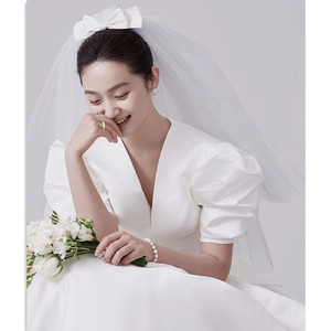 韩式减龄蝴蝶结蓬蓬头纱新娘结婚婚拍照摄影跟妆短款白色配饰素纱